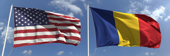Flying flags of the USA and Romania on sky background, 3d rendering