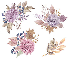 Watercolor fall floral bouquets. Yellow autumn leaves, dahlia and aster flowers, berries. Colorful illustration. - obrazy, fototapety, plakaty