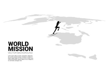 Silhouette of businessman running on world map. Business Concept of world target mission.