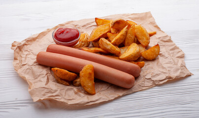 Delicious sausages with fried potatoes and ketchup on a white wooden table