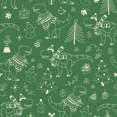 Dinosaur christmas happy new year doodle seamless hand drawn vector pattern