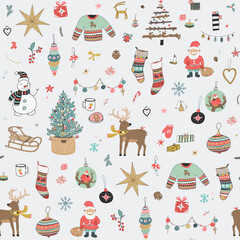 Winter Christmas seamless hand drawn vector pattern.