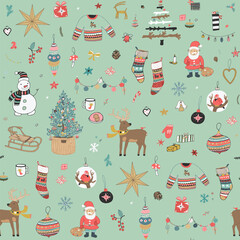 Winter Christmas seamless hand drawn vector pattern.