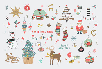 Winter Christmas objects hand drawn vector illustrations set.