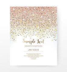 Holiday invitation card with gradient gold and pink glitter confetti border.