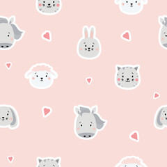Seamless patterns. Cute animal stickers - dog, hare and sheep, cat and horse on a pink background with hearts. For design, textile, packaging and wallpaper. Vector illustration