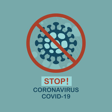 Abstract Modern Electron Micrograph Coronavirus Cell Structure Of STOP COVID-19 Sign Icon On Teal Background