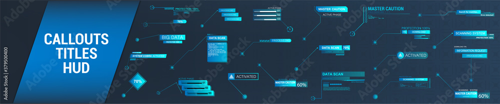 Poster Futuristic Callouts titles in HUD style. Template Callout bar labels box in digital style. Futuristic User Interface boxes layout template. Callouts titles for information. Vector colorful set HUD