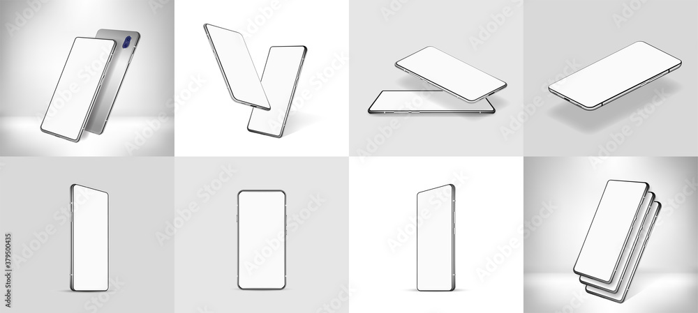 Poster template smartphone with blank white desiplay. rotated position mobiles phones mockup. vector smartp