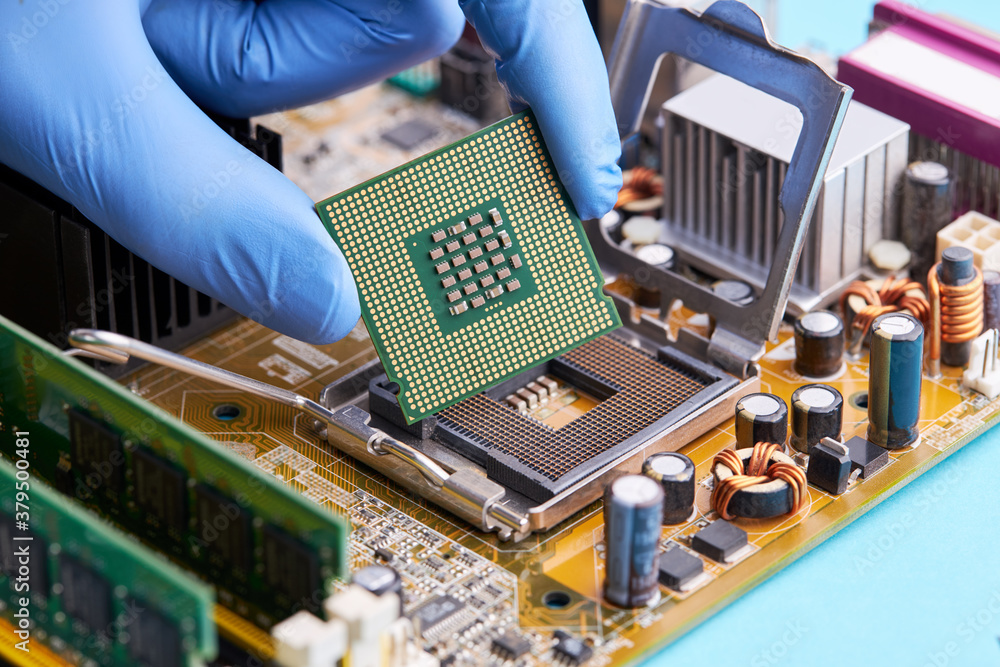 Aufkleber computer hardware service concept. technician repairing desktop pc or laptop circuit board. person i