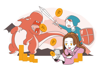 スマホゲームで課金する女性　目がお金　RPG系