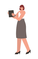 woman with brown hair skirt and tablet working vector design