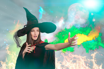 Obraz na płótnie Canvas Halloween Sexy Witch portrait. Beautiful young woman in witches hat. Wide Halloween party art design
