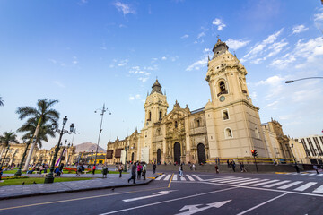 Fototapeta na wymiar LIMA, PERU: View of the Cathedral church in the Old town of the city.