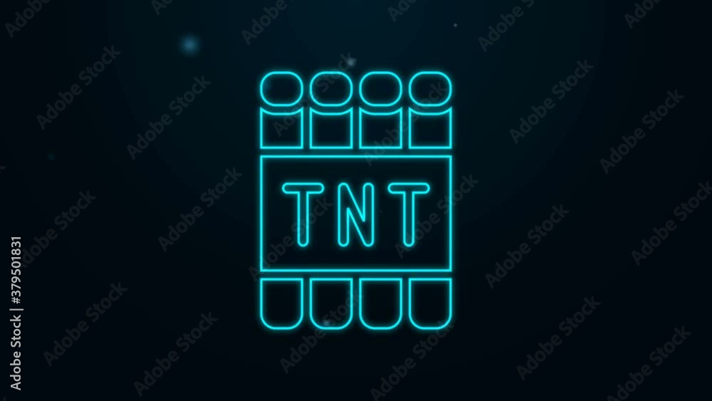 Poster glowing neon line detonate dynamite bomb stick and timer clock icon isolated on black background. ti