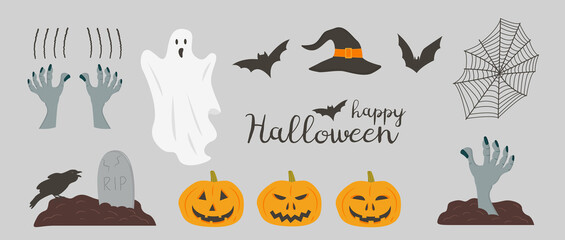 Halloween symbols vector illustrations set. Jack lanterns, witch hat, spider web and bats. Spooky autumn holiday accessories. Ghost and zombie hand on graveyard with tombstone and crow and typography.