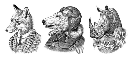 Fox and Rhino dressed up in Suit. Polar bear pilot. Fashion Animal characters. Hand drawn sketch. Vector engraved illustration for label, logo and T-shirts or tattoo.