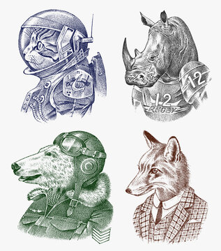 Fox and Rhino dressed up in Suit. Cat and Polar bear. Astronaut or Spaceman. Fashion Animal characters set. Hand drawn sketch. Vector engraved illustration for label, logo and T-shirts or tattoo.