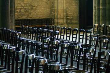 View of inside the Basilica of Saint-Remi, a medieval abbey church in Reims, a historical monument in the Grand Est region of France  