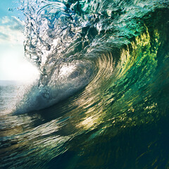 breaking colorful ocean wave falling down at sunset time - obrazy, fototapety, plakaty