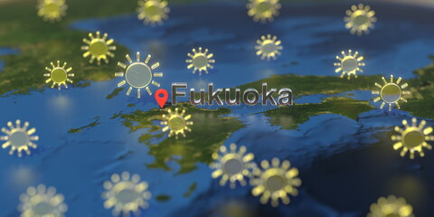 Sunny weather icons near Fukuoka city on the map, weather forecast related 3D rendering