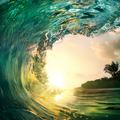 Tropical sunset background. Beautiful colorful ocean wave crashing closing near sand beach with...