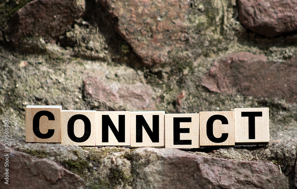 Poster connect word made with building blocks isolated on white