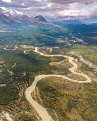 Aerial view of a winding river located in the northern Yukon Territory, Canada. Taken in the autumn...