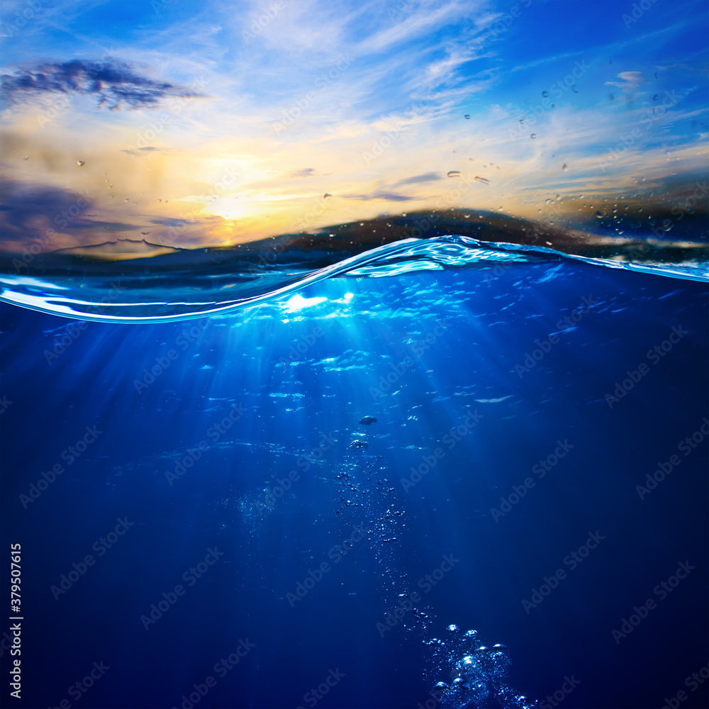 Canvas Prints design template with underwater part and sunset skylight splitted by waterline