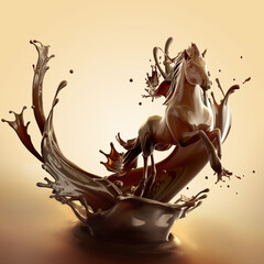 Sweet food design element template. Liquid hot chocolate horse made of brown glossy coffe running with splashes.