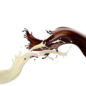 Design food element isolated on white background. Glossy brown caramel coffee chocolate and white fat cream milk splashes moving to each other