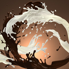 brown coffee chocolate and white cream milk splashes moving to each other