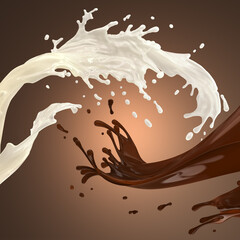 brown coffee or hot chocolate and white creamy milk splashes in abstract action on brownish orange  background