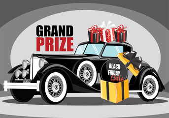 black retro car. black vintage car. Concept Of grand prize black friday sale Program