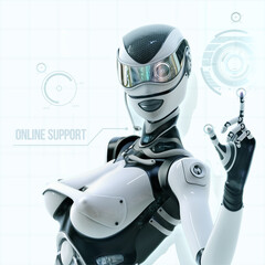 Modern designed space. Futuristic female android managing virtual interface in digital space