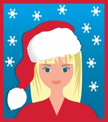 Friendly looking girl as Santa Claus. Big snowflakes in background. Vector illustration. EPS10.