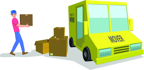 Naklejka premium Man carrying boxes with delivery truck vector