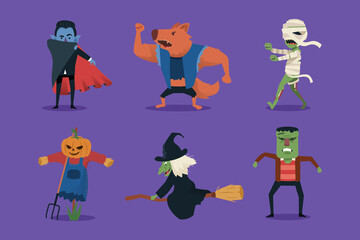 Halloween character collection. Vampire, werewolf, mummy, scarecrow, witch, frankenstein
