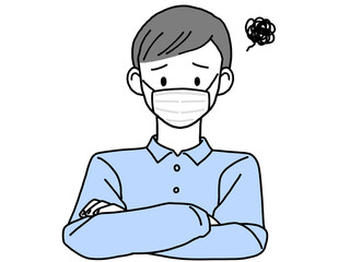 シャツを着たマスク姿の若い男性 困る 右