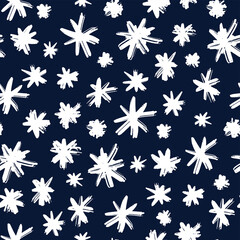 White ink snowflakes isolated on dark blue background. Snowy festive seamless pattern. Vector flat graphic hand drawn illustration. Texture.