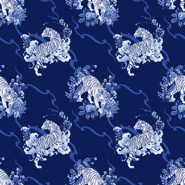 Tiger walking in Flower bush illustration doodle Porcelain with Color gradation Chinese brush Porcelain blue tone and indigo blue   background  seamless pattern vector for digital painting