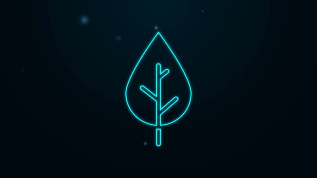Glowing neon line Leaf icon isolated on black background. Fresh natural product symbol. 4K Video motion graphic animation