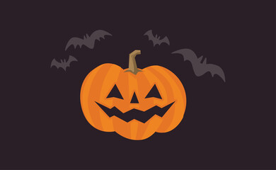 Happy Halloween design. Cute pumpkin with carved smile face, spooky season. Flying bats. Funny illustration. Trick or treat decoration.
