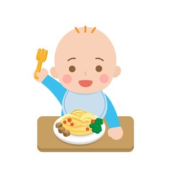 Cute baby eating noodles, daily life, cartoon comic vector illustration, set, isolated
