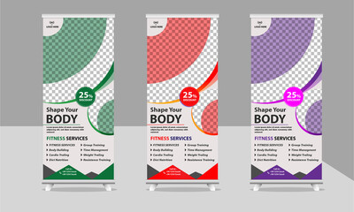  Fitness Rollup Banner Template Design vector, professional Fitness center roll-up banner template, banner template gym promotion, gym and fitness roll-up promotion banner