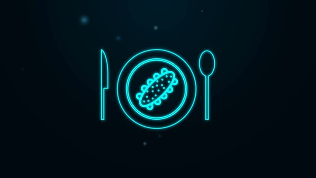 Glowing neon line Served cucumber on a plate icon isolated on black background. Marine food. 4K Video motion graphic animation