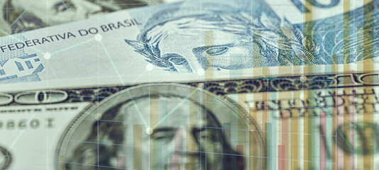 conceptual image about stock exchange, brazil money banknotes and united states background