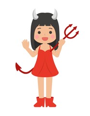 Cute children in Halloween costumes, red devil, cartoon comic vector illustration, isolated