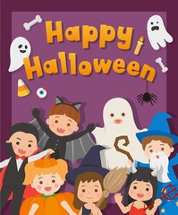 Cute children's Halloween costumed card, pumpkin, witch, bat, devil, ghost, vampire, magician, cartoon comic vector illustration, isolated

