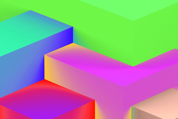 Abstract geometric cubic holographic colorful in neon lights background. isometric 3d render.